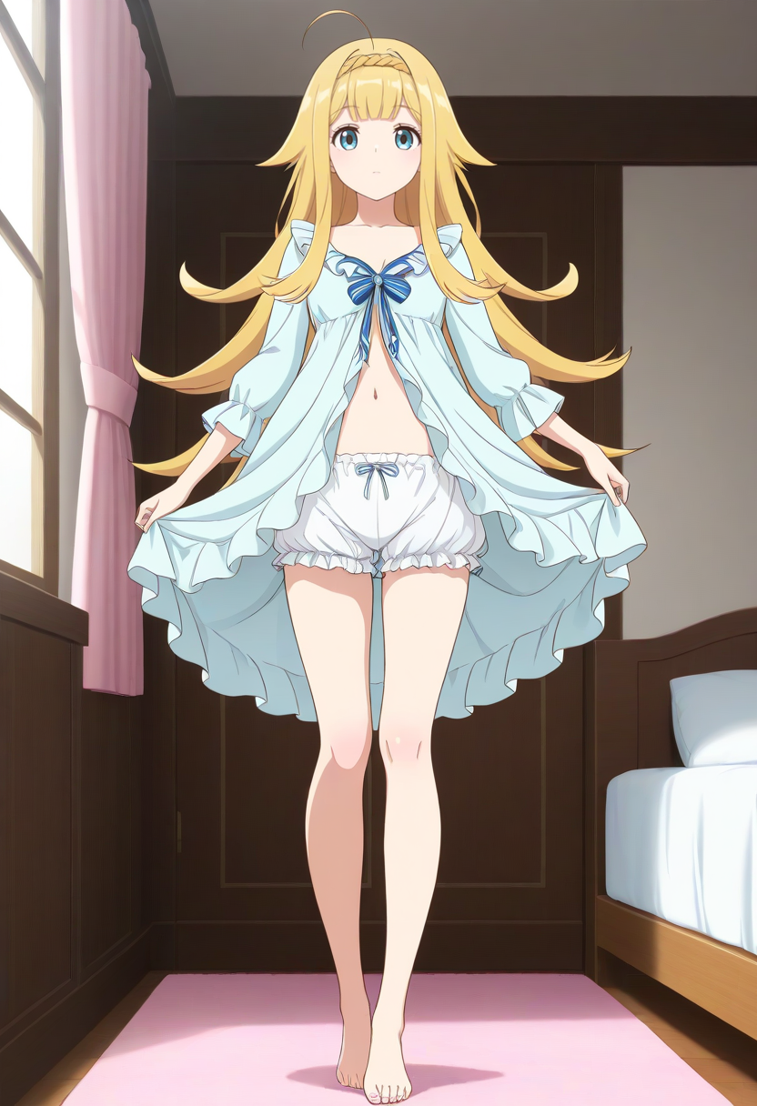 newest, masterpiece, best quality, 4k,
indoors, very aesthetic, detailed background, full body,
1girl,solo,  <lora:Liselotte Homuros:1> lisel0tte, blonde hair, very long hair, hair flaps, ahoge, underwear, bloomers,  pajamas,dress ,open clothes,barefoot, expressionless, standing,