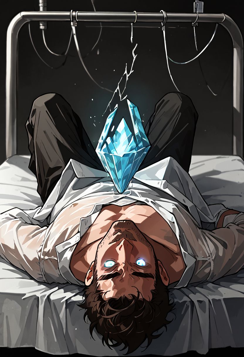 score_9, score_8_up, score_7_up, source_anime, 1boy, mature male, shirtless, dark pants, on back, medical bed, hospital background, holding a crystal, glowing veins, cracks, glowing eyes,
 scientific, research station, iridescent crystal, quartz, eerie glow, 
d3t41l3d, perfectly composed, depth of field, zPDXL2,
