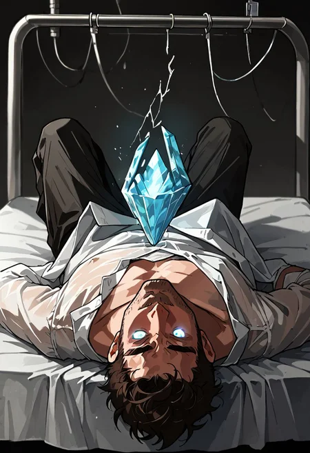 score_9, score_8_up, score_7_up, source_anime, 1boy, mature male, shirtless, dark pants, on back, medical bed, hospital background, holding a crystal, glowing veins, cracks, glowing eyes,
scientific, research station, iridescent crystal, quartz, eerie glow,
d3t41l3d, perfectly composed, depth of field, zPDXL2,