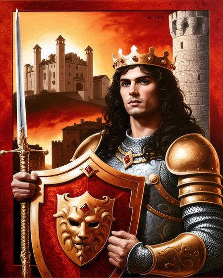 This is a digital painting of a muscular, fair-skinned man with long, wavy dark hair, wearing a golden crown and ornate, medieval-style armor. He holds a large, ornate sword in his right hand and a large shield in his left. His expression is serious and determined. Behind him is a castle tower against a fiery, sunset sky. The artwork is detailed with rich, warm colors and intricate textures, evoking a fantasy or historical setting. . doviliotarot <lora:DovilioTarot_SDXL:1.2>