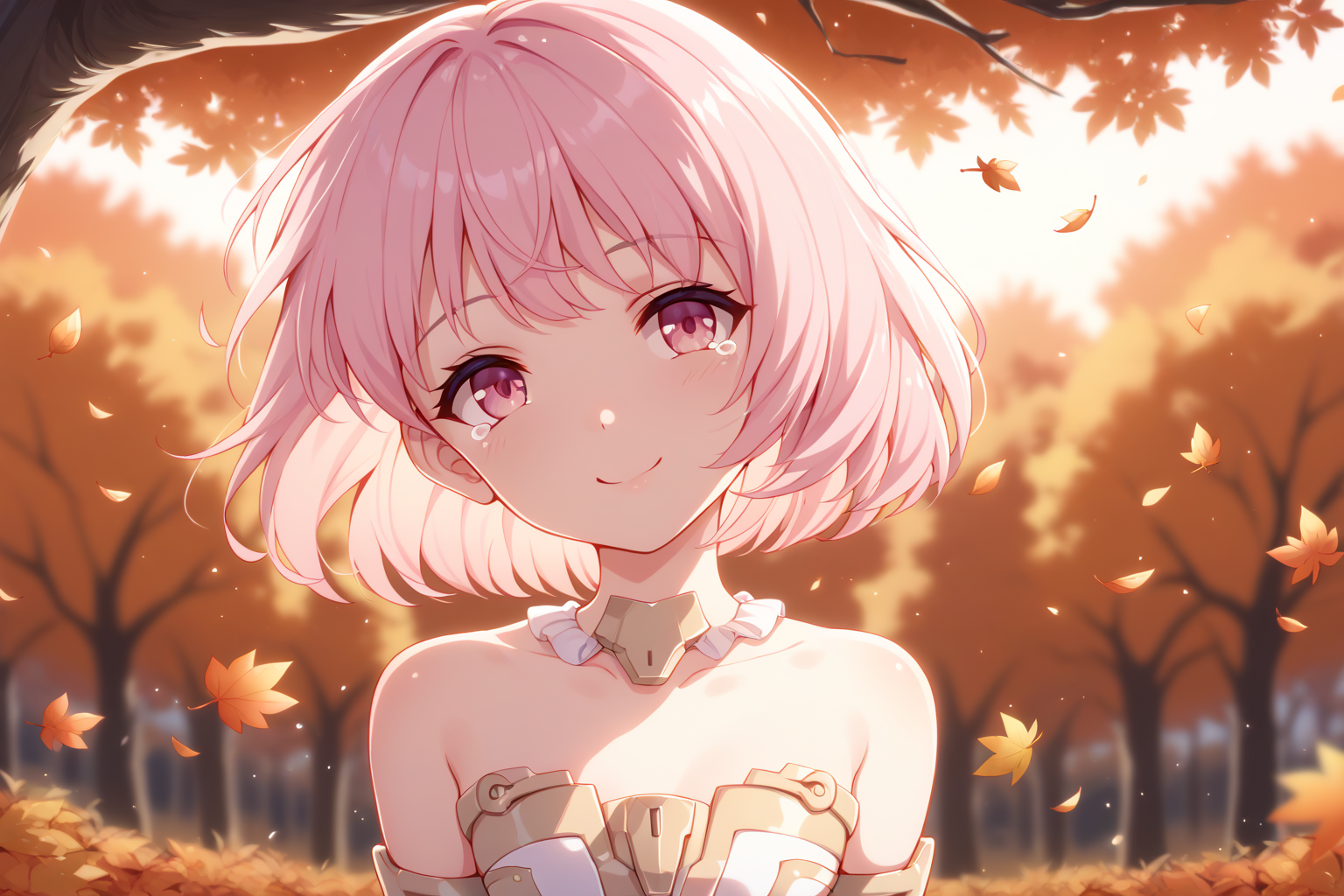score_9, score_8_up, score_7_up, smile, wind, autumn, sunset, under tree, blurry background, tears, head tilt, arms behind back, backlighting, 
1girl, fag materia, short hair, pink eyes, elbow gloves, 
<lora:fag_materia_pony_v1:1>