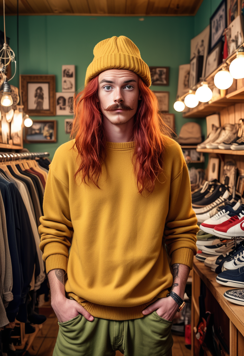 award winning, (professional photo) of (alternative hipster) young man, Skinny build, extra long red hair, messy hair, mustache, australian, tan skin, olive green eyes,  wearing a yellow oversized sweater, high-waisted pants, canvas sneakers, beanie fingerless gloves, set in the 2010s, in  a quaint vintage store, with eclectic clothing racks, retro decor, warm lighting, unique accessories, and classic music, at day, , creative, beautiful, vibrant, masterpiece, 64k, UHD, HDR, full view, atmospheric lighting, extremely detailed
