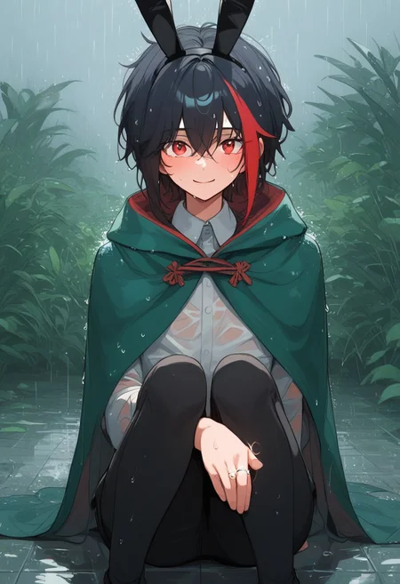 score_9, score_8_up, score_7_up, score_6_up, score_5_up, (art, rain, wet, bunny ears, metal floor, (wedding ring), sitting, knees up, green cape, tattered cape, hood up, tattered shirt, black pants, hair ornament, 1femboy, bob hair, black hair, red streak, blue skin, blue hand, smile, blush, jungle background)