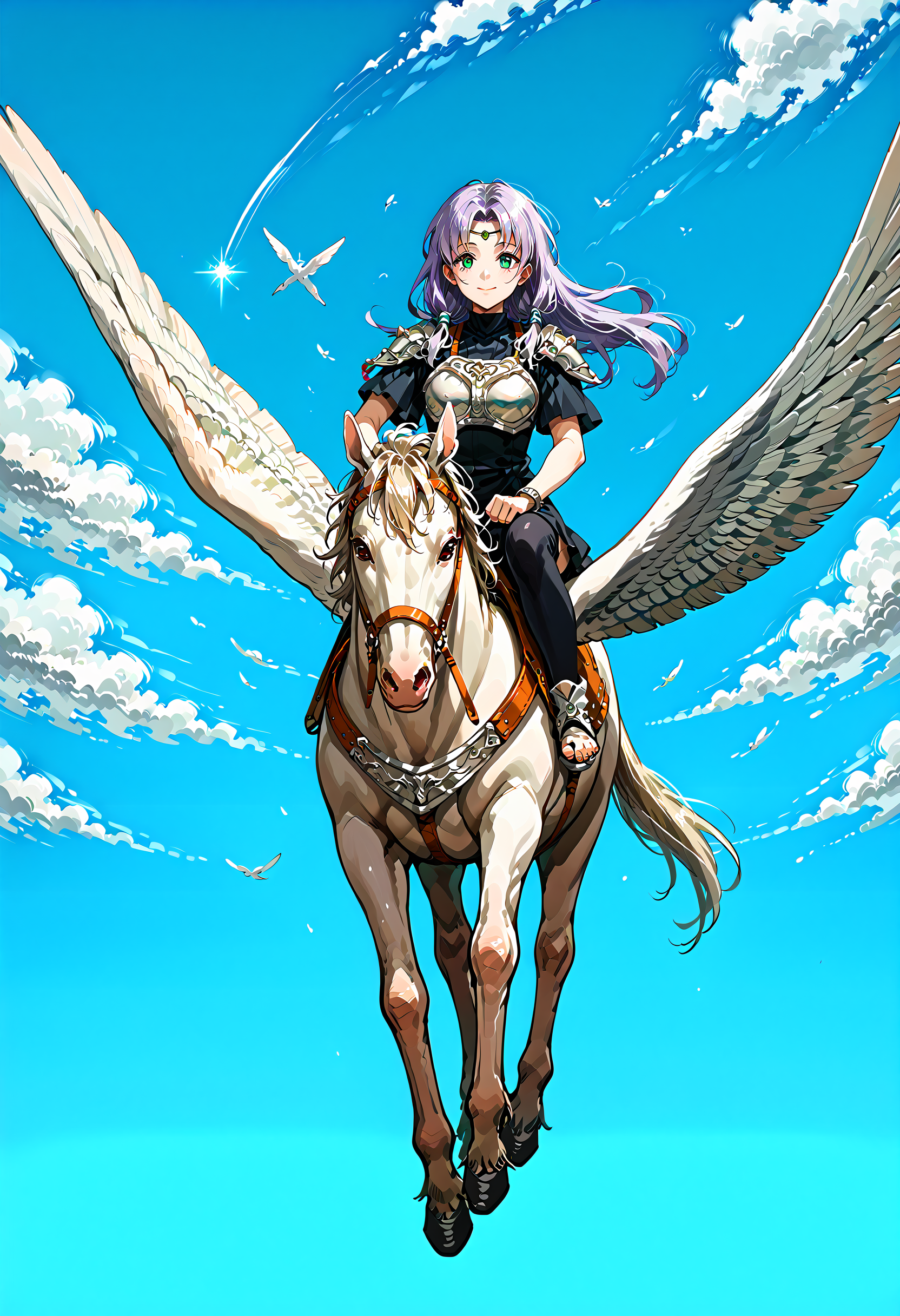 score_9,score_8_up,score_7_up,extreme detailed,full_body,zPDXL3 BREAK sky,flying,1girl,<lora:Pony_DetailV2.0:1>,
pegasus knight,horse,horseback riding,pegasus,closed mouth,<lora:pegasus knight-v3-pony:0.7>,smile BREAK NSFlorinaMisc,light purple hair,long hair,parted bangs,low-tied sidelocks,<lora:NSFlorinaFE7:1.05>,unaestheticXL_3x3,