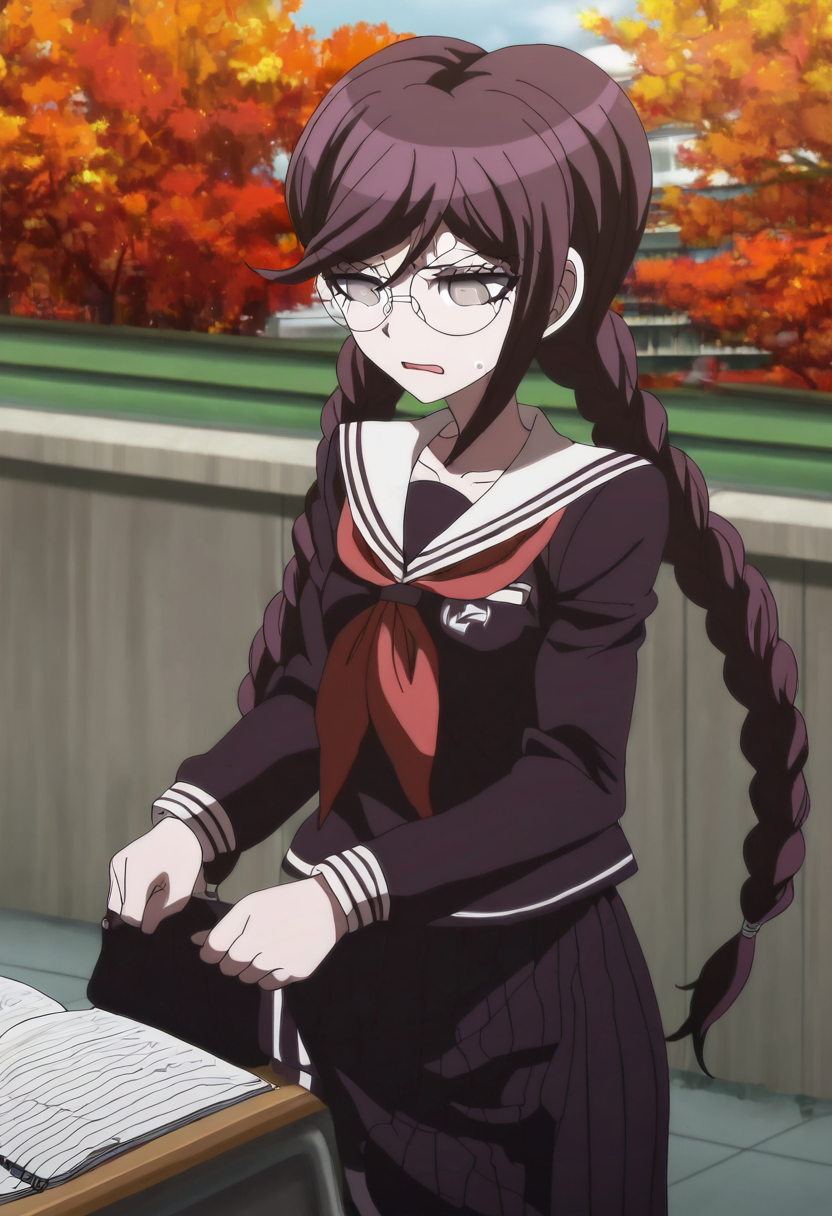 (((solo))), masterpiece, best quality, very aesthetic,  modern, modern anime,  newest, absurdres, highres, long shot , neutral expression  , (((solo))),danganronpa_(series),<lora:Toko_Fukawa_Illustrious:1>,  This anime screencap is from Danganronpa the Animation. Toko Fukawa sits in a corner of the school rooftop, using her skirt as a makeshift desk while she writes in her notebook. The sunset casts dramatic shadows across her face while torn-out draft pages flutter around her like autumn leaves.  Toko Fukawa wearing her uniform from Danganronpa 1. She has long dark purple hair in two braids, gray eyes and large round glasses. Her large, dark grey glasses are slightly crooked at an angle. Her uniform is a dark purple Japanese school uniform. The uniform has long sleeves, a collared shirt with a red ribbon and a long skirt with the school crest on the upper left sleeve.  A red ribbon is tied around the collar of her shirt.