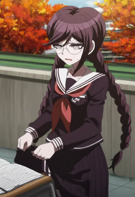 (((solo))), masterpiece, best quality, very aesthetic, modern, modern anime, newest, absurdres, highres, long shot , neutral expression , (((solo))),danganronpa_(series),<lora:Toko_Fukawa_Illustrious:1>, This anime screencap is from Danganronpa the Animation. Toko Fukawa sits in a corner of the school rooftop, using her skirt as a makeshift desk while she writes in her notebook. The sunset casts dramatic shadows across her face while torn-out draft pages flutter around her like autumn leaves. Toko Fukawa wearing her uniform from Danganronpa 1. She has long dark purple hair in two braids, gray eyes and large round glasses. Her large, dark grey glasses are slightly crooked at an angle. Her uniform is a dark purple Japanese school uniform. The uniform has long sleeves, a collared shirt with a red ribbon and a long skirt with the school crest on the upper left sleeve. A red ribbon is tied around the collar of her shirt.