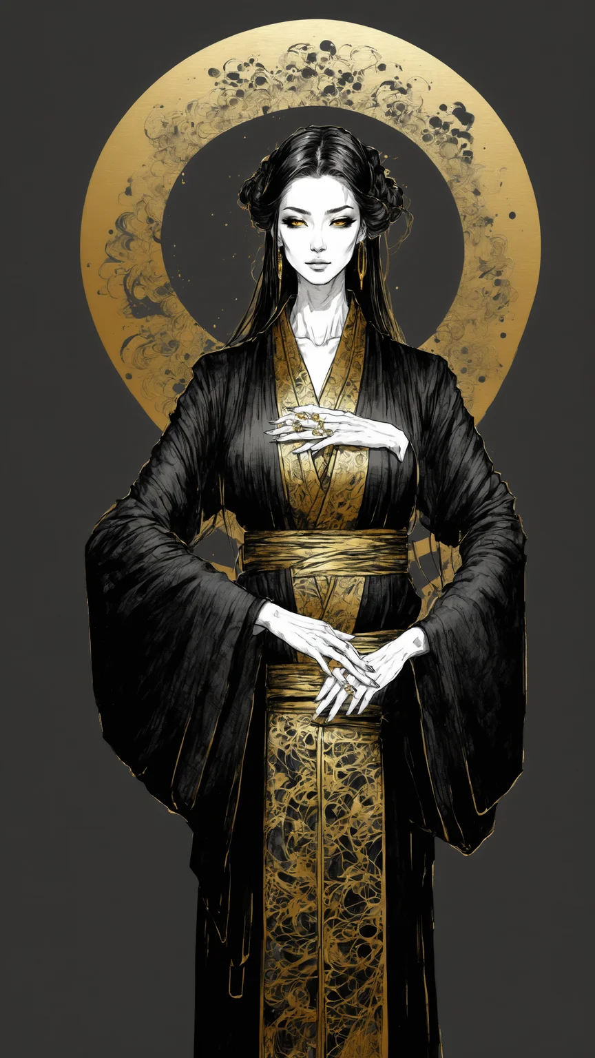 <lora:DarkInkAI:1> DarkInkAI, beautiful sexy woman in robes, gold ink, inksketch