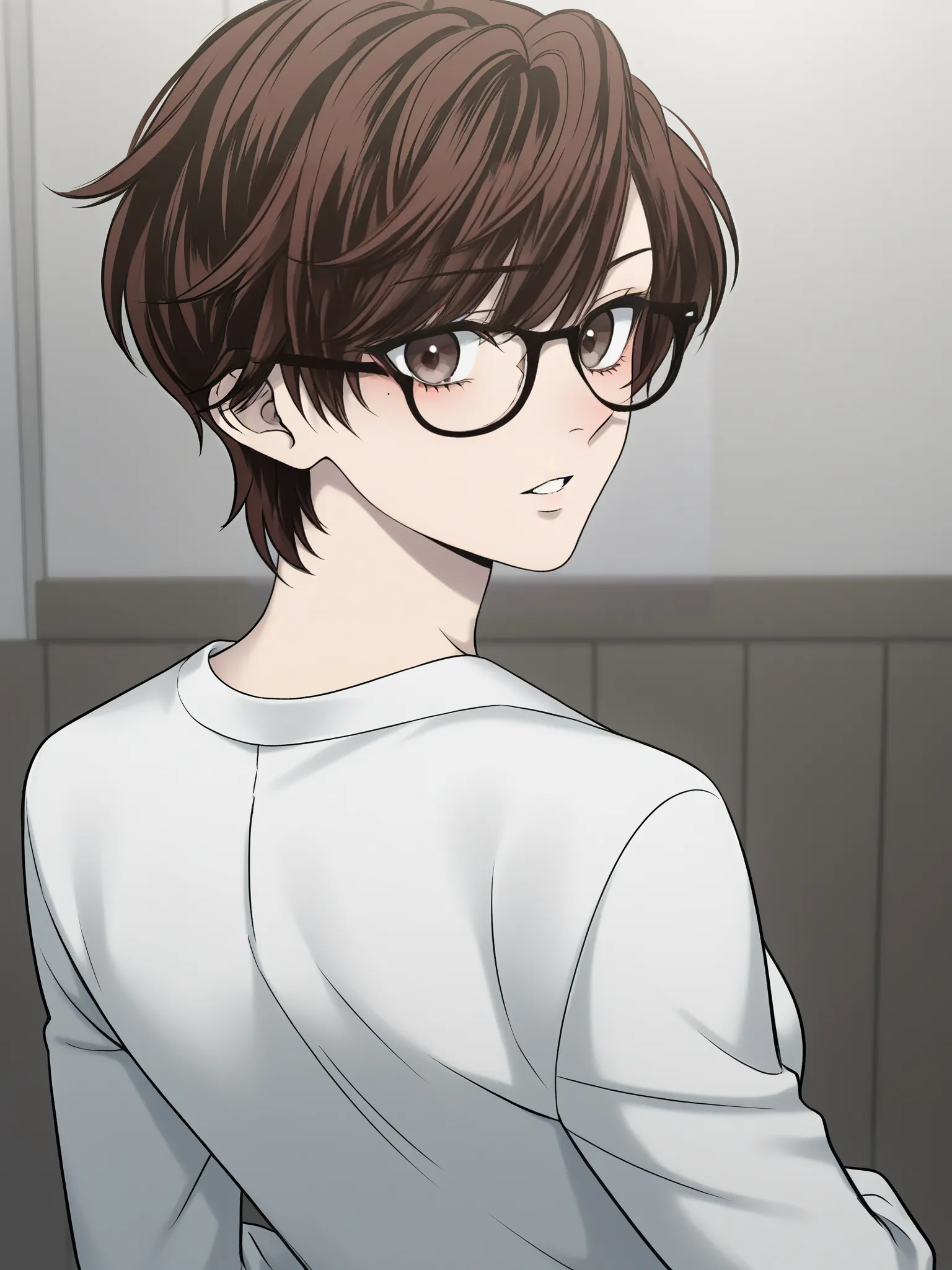 uncensored, score 9 up, score 8 up,
 <lora:The_Guy_Upstairs_Rozana_Rozy_Character_PonyXL:1>,rozana_rozy, brown eyes, brown hair, glasses, short hair, black-framed eyewear, upper body, long sleeves, , open clothes, white shirt, mole under eye, parted lips, indoors, open jacket, 1girl, leotard, looking back at viewer, cameltoe, standing,