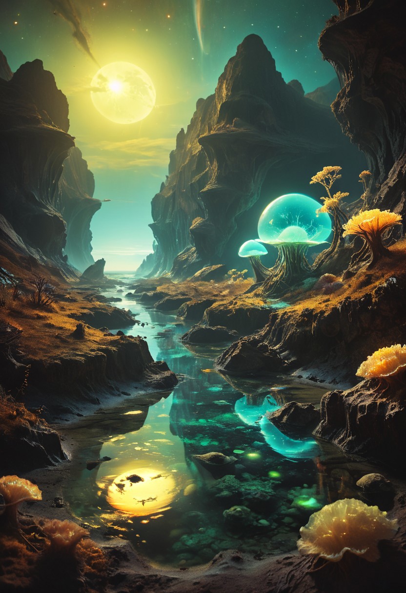 Stunning sci-fi fantasy landscape replete with glowing Bioluminescence. Wonderous and full of enchanting mysteries. Hyperrealistic, sharp focus, mixed media, dramatic lighting, ultra-detailed, ray-traced, award-winning, light leaks, high contrast, warm colors, color graded, zavy-rmlght, dark, chiaroscuro, fluorescence, artialien, Ultraviolet style