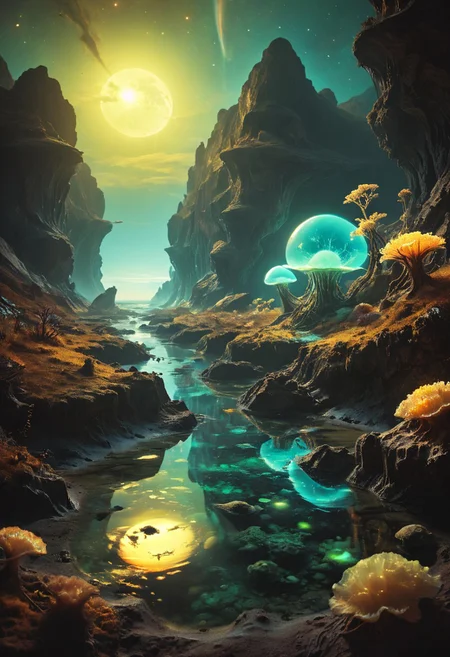 Stunning sci-fi fantasy landscape replete with glowing Bioluminescence. Wonderous and full of enchanting mysteries. Hyperrealistic, sharp focus, mixed media, dramatic lighting, ultra-detailed, ray-traced, award-winning, light leaks, high contrast, warm colors, color graded, zavy-rmlght, dark, chiaroscuro, fluorescence, artialien, Ultraviolet style