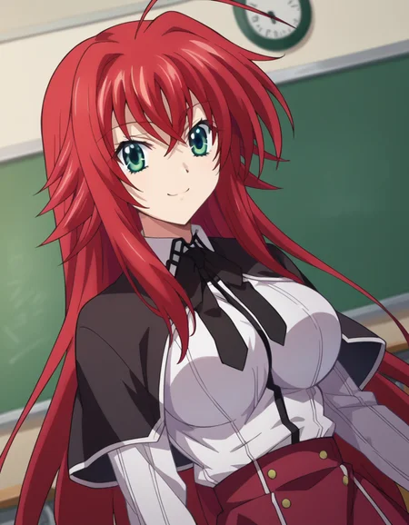 score_9, score_8_up, score_7_up, source_anime,
riasgremory, <lora:rias-gremory-ponyxl-lora-nochekaiser:1>,
rias gremory, huge ahoge, long hair, hair between eyes, green eyes, red hair, smile,
shirt, ribbon, school uniform, white shirt, black ribbon, neck ribbon, capelet, black capelet, long sleeves, skirt, red skirt,
indoors, classroom,
looking at viewer, dutch angle, cowboy shot,