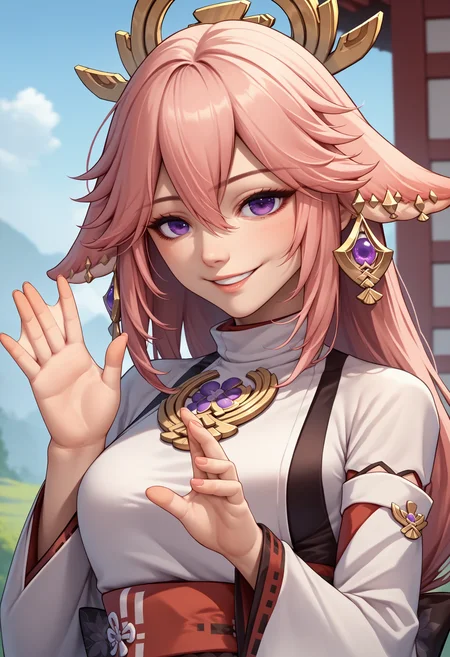 score_9, score_8_up, score_7_up, source_anime, 1girl, yae miko, webbed hands, waving, <lora:WebbedHand_XLPD:1>, seductive smile, upper body,