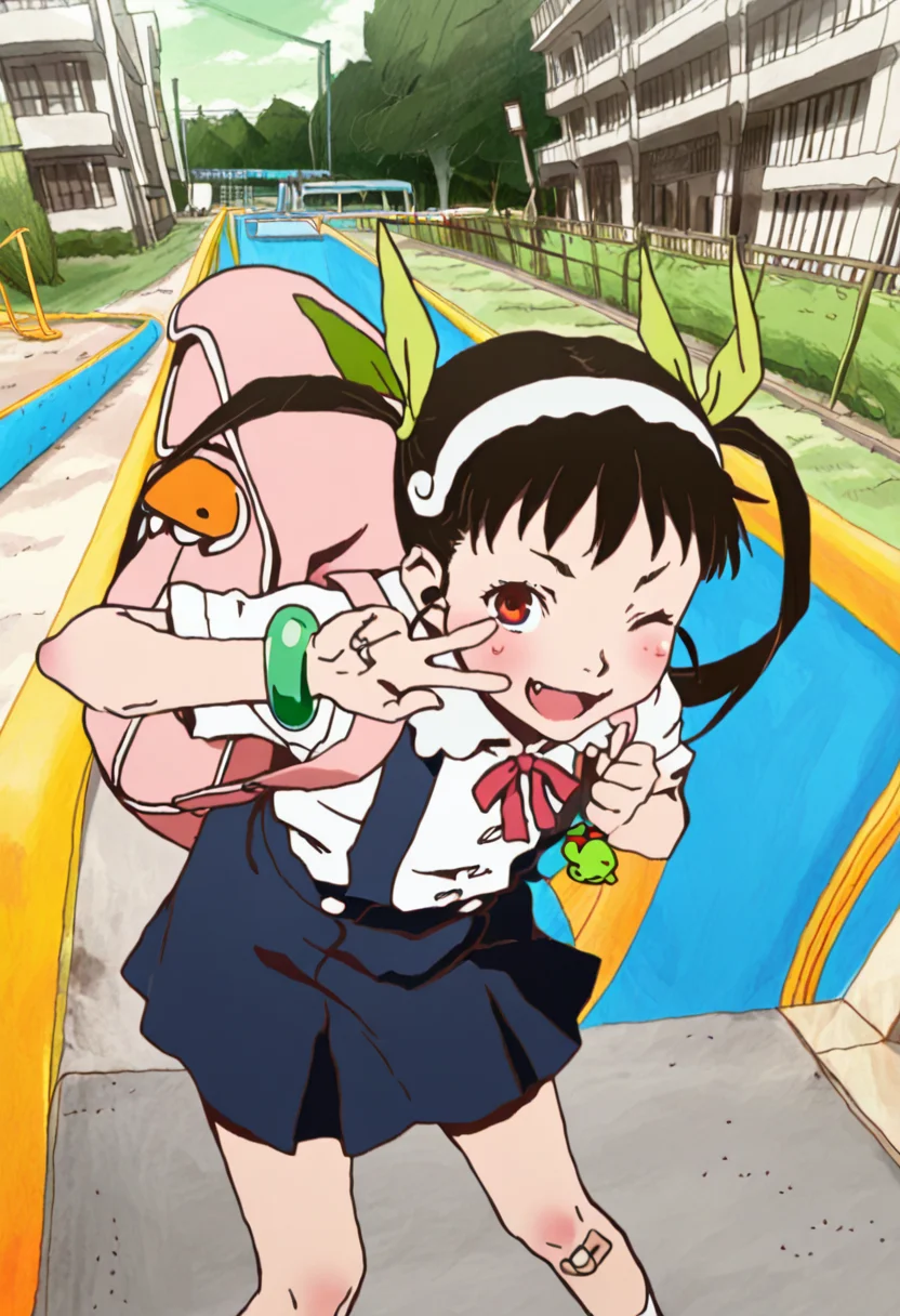 pingyuasa,
1girl, hachikuji mayoi, twintails, brown hair, red eyes, long hair, flat chest, hair ribbon, green ribbon, white hairband, skirt, shirt, green bracelet, white shirt, short sleeves, blue skirt, suspenders, suspender skirt, backpack,
pose, bandaid on knee, wink, smile, v, fang,
green sky, colorful, playground, colorful playground, outdoors, (swing:0.8), slide, cloud, apartment,
masterpiece,best quality,amazing quality,very aesthetic,absurdres,sensitive,newest,