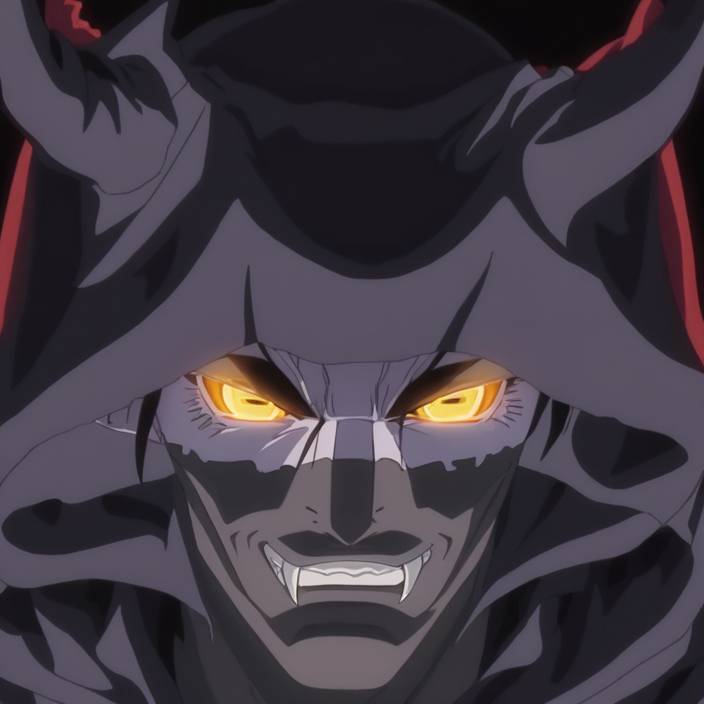 anime artwork of  <lora:Demon:0.9>
closeup, Demon solo,looking at viewer,smile,black hair,1boy,male focus,teeth,hood,glowing pink red eyes,grin,glowing,fangs,glowing eyes,close-up,eroge,anime,manga,nsfw,cartoon,Adult animation,explicit,Original video animation,Baiburu Burakku style,Bible Black style,solo , male devil, creature, evil, demonic, villain, glowing eyes, muscular, golden yellow eyes, bat-like wings, dragon wings, dark, curved fang, eroge,anime,manga,nsfw,cartoon,Adult animation,explicit,Original video animation, Baiburu Burakku style, Bible Black style, anime style, key visual, vibrant, studio anime,  highly detailed