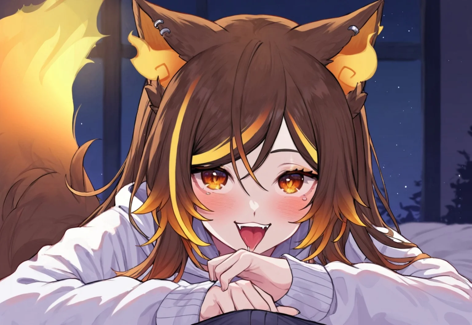 safe_pos, score_9, score_8_up, score_7_up, 2d, thick body, cute, source_anime, front, night, night light, dim light, no windows, room with no windows, front view,
BREAK
1girl, sinder vtuber, fire ears, animal ears, large breast, thick thighs, teasing, orange eyes, brown hair, fire tail, fluffy tail, multicolored hair, long hair, wolf girl, sensual look, indoor, white hoodie, hoodie, oversized hoodie, Black thigh highs, bed, on bed, on the bed, on all four, look at viewer, smile, open mouth, tongue out, panting, horny, steam, blushing, rubbing bulge, masturbating through clothes, drooling, drooling on bulge, male pov,
<lora:Sinder_Vtuber_Classic:0.9>, <lora:add-detail-xl:0.8>