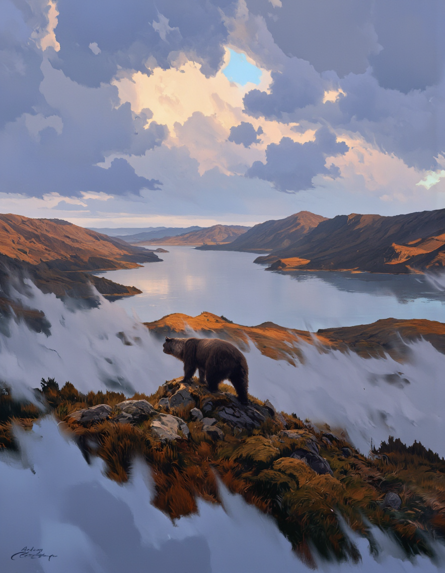 By Artem Chebokha. A digital painting of a bear standing amidst a misty landscape at sunset. the bear is positioned in the middle of the image, facing away from the viewer, with its full body visible. it appears to be a large, dark brown bear, standing on all fours with its head turned to the side, looking out over a valley filled with rolling hills and a distant lake. the sky is filled with fluffy white clouds, and the colors of the sky are a mix of blue, pink, and orange hues, creating a serene and dreamy atmosphere. the art style is realistic with a touch of fantasy, with the bear's fur blending seamlessly with the surrounding landscape. the artist's signature is visible in the bottom left corner, adding a personal touch to the artwork.
