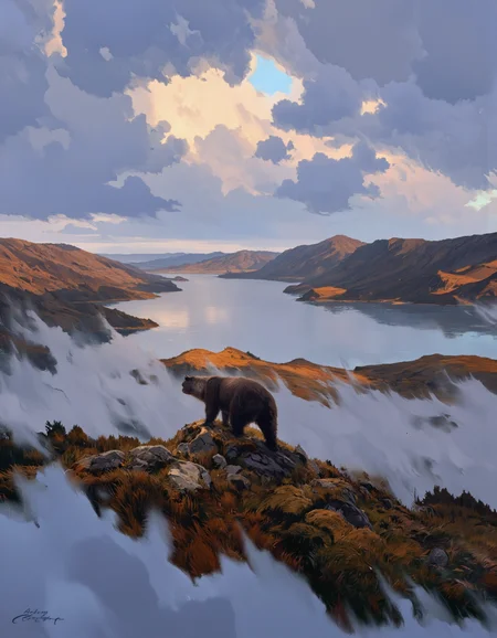 By Artem Chebokha. A digital painting of a bear standing amidst a misty landscape at sunset. the bear is positioned in the middle of the image, facing away from the viewer, with its full body visible. it appears to be a large, dark brown bear, standing on all fours with its head turned to the side, looking out over a valley filled with rolling hills and a distant lake. the sky is filled with fluffy white clouds, and the colors of the sky are a mix of blue, pink, and orange hues, creating a serene and dreamy atmosphere. the art style is realistic with a touch of fantasy, with the bear's fur blending seamlessly with the surrounding landscape. the artist's signature is visible in the bottom left corner, adding a personal touch to the artwork.