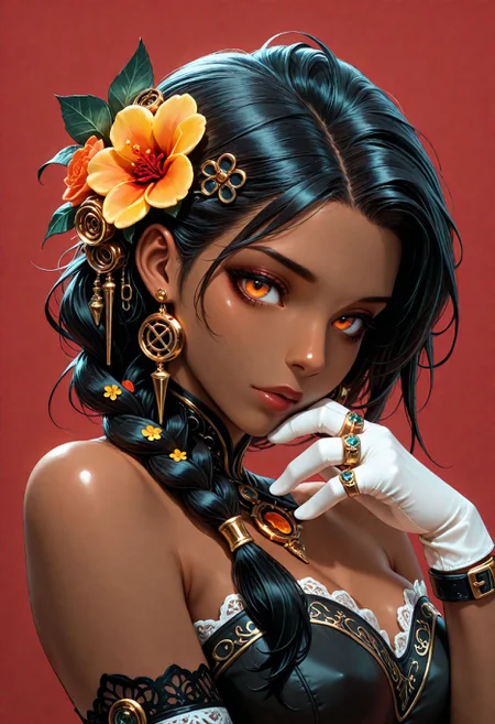 SmoothNoob_Quality, steampunk, 1girl,flower,dark skin,solo,gloves,dark-skinned female,jewelry,ring,looking at viewer,white gloves,black hair,braid,upper body,red flower,yellow flower,hair ornament,earrings,orange eyes,bare shoulders,long hair,red background,lace,hair flower,very dark skin,orange flower,one eye covered,strapless,multiple rings, plant, simple background,lace trim, <lora:Smooth_SteamPunk:1>
