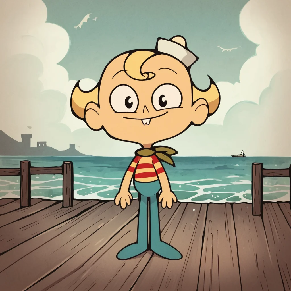 score_9, score_8_up, score_7_up, score_6_up, score_5_up, score_4_up, source_anime, toon \(style\), FLPJCK, pier, ocean, cloudy, 1boy, blonde hair, striped shirt, scarf, hat, blue pants, full body, standing, smile, white background <lora:flpjckv2-50:1>