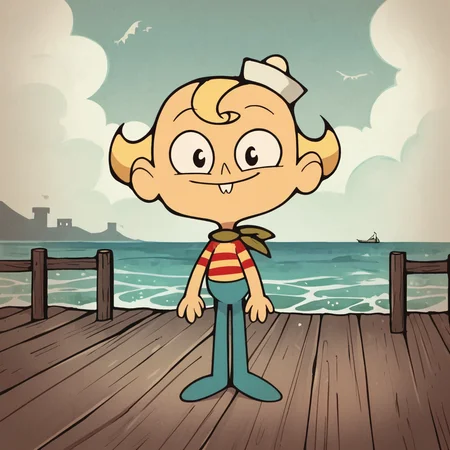 score_9, score_8_up, score_7_up, score_6_up, score_5_up, score_4_up, source_anime, toon \(style\), FLPJCK, pier, ocean, cloudy, 1boy, blonde hair, striped shirt, scarf, hat, blue pants, full body, standing, smile, white background <lora:flpjckv2-50:1>