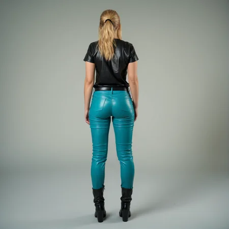 RAW photograph, Danish woman, 25 years old, golden blonde hair, aqua eyes, full body shot, wearing long leather pants and a band t-shirt, standing straight,  neutral pose, arms to the side,  shot from the back,  neutral uniform photostudio background,, highly detailed, professional, soft volumetric lighting,  photographed on a Canon EOS R5, 50mm lens, F/2.8, HDR, 8k resolution, highres, high detail,