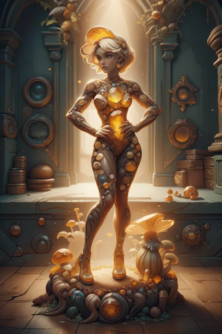 breathtaking 1girl, full shot, full body, <lora:ral-mushroomz:1> mushroomz <lora:citrine-style-darquelilly-v1:1> citrinegemstyle, masterpiece, award-winning, professional, highly detailed, low key lighting, chiaroscuro lighting