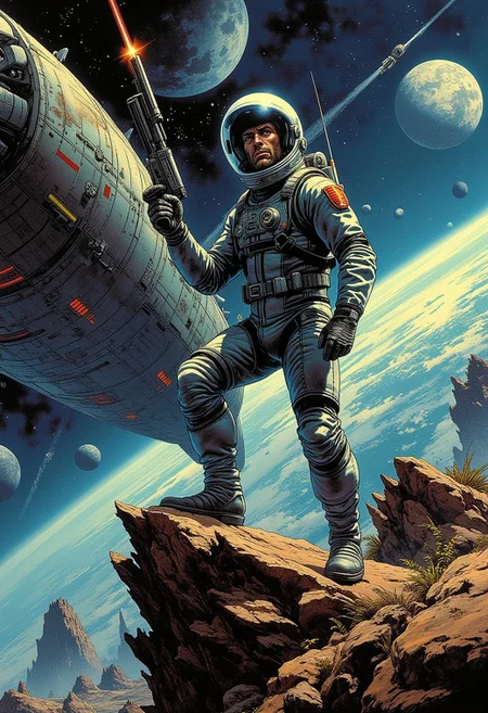 comic book art, a handsome male astronaut wearing sleek modern spacesuit holding a retro laser pistol on (A massive, ancient spaceship floating derelict in deep space.), retro sci-fi style, dynamic lighting, digital art, cinematic shot, fantastically beautiful, illustration, aesthetically inspired by classic sci-fi movies, by Paul Lehr by Jon Whitcomb, samdoesart, dreamlikeart.