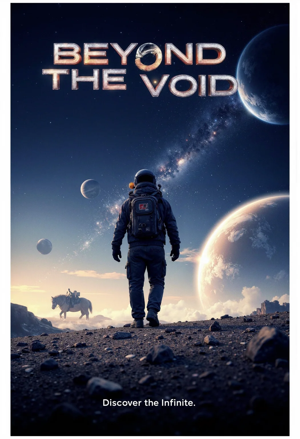 allposter, Create a visually stunning game poster for a space exploration game. Show an astronaut or space explorer standing on an unknown planet with a galaxy of stars and planets in the background. The game title, 'BEYOND THE VOID,' appears in bold, metallic letters at the top, with a subtle glow. Below it, add the tagline, 'Discover the Infinite,' in an ethereal font<lora:Flux.1_Turbo_Detailer.safetensors:0.75:0.75> <lora:FLUX_All_Posters.safetensors:0.7000000000000001:0.7000000000000001>