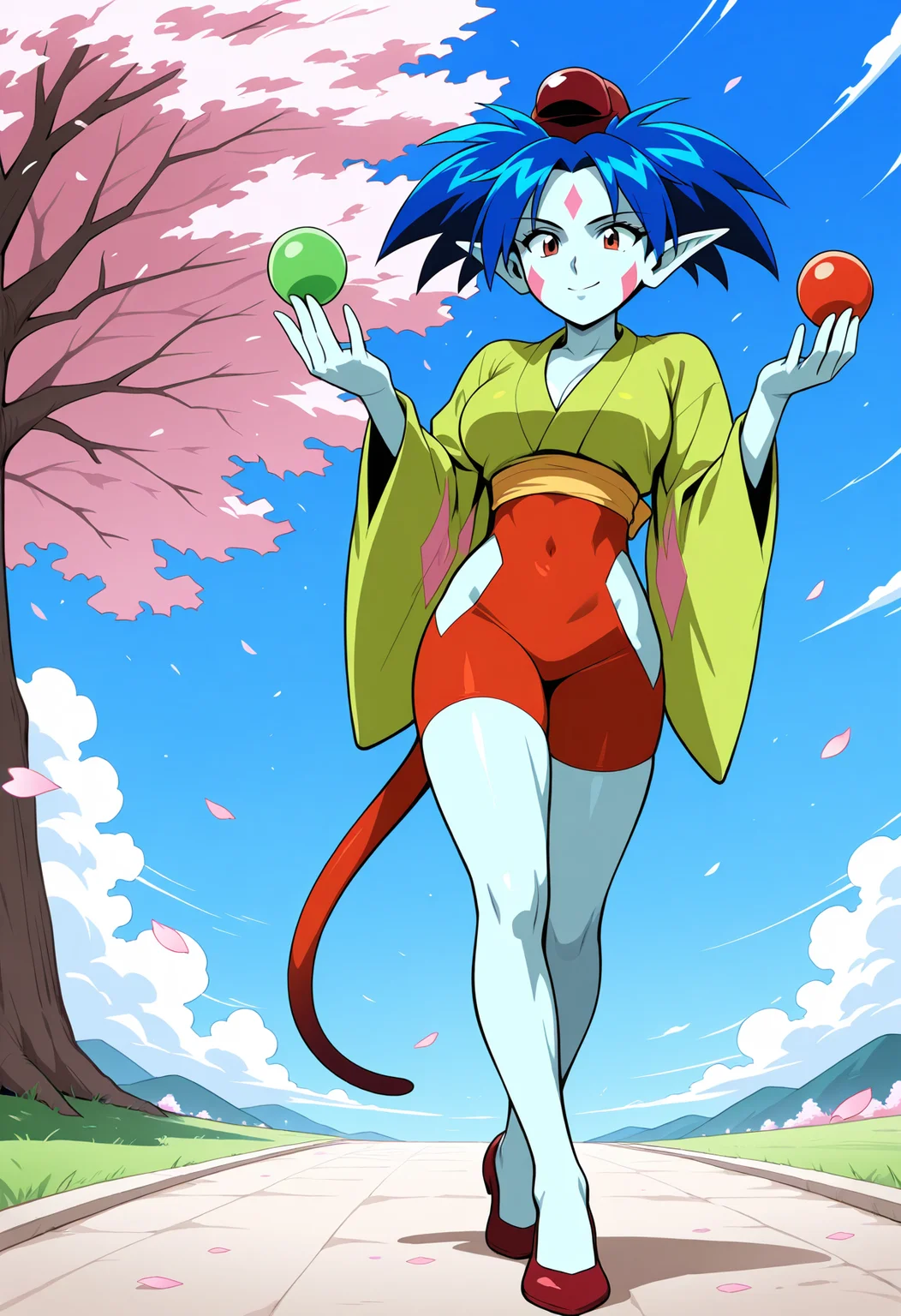 ponko, 1girl, solo, breasts, short hair, long sleeves, blue hair, green japanese clothes, pointy ears, wide sleeves, colored skin, clothing cutout, tail, facial mark, red footwear, red headwear, red eyes, 1990s, retro artstyle
BREAK
Standing, juggling, balls, happy
BREAK
outside, cherry blossoms, blue sky
BREAK
masterpiece,best quality,absurdres,very aesthetic,perspective, <lora:ponko_IL_Lora_v1:1> <lora:StS_Age_Slider_Illustrious_v1:2>