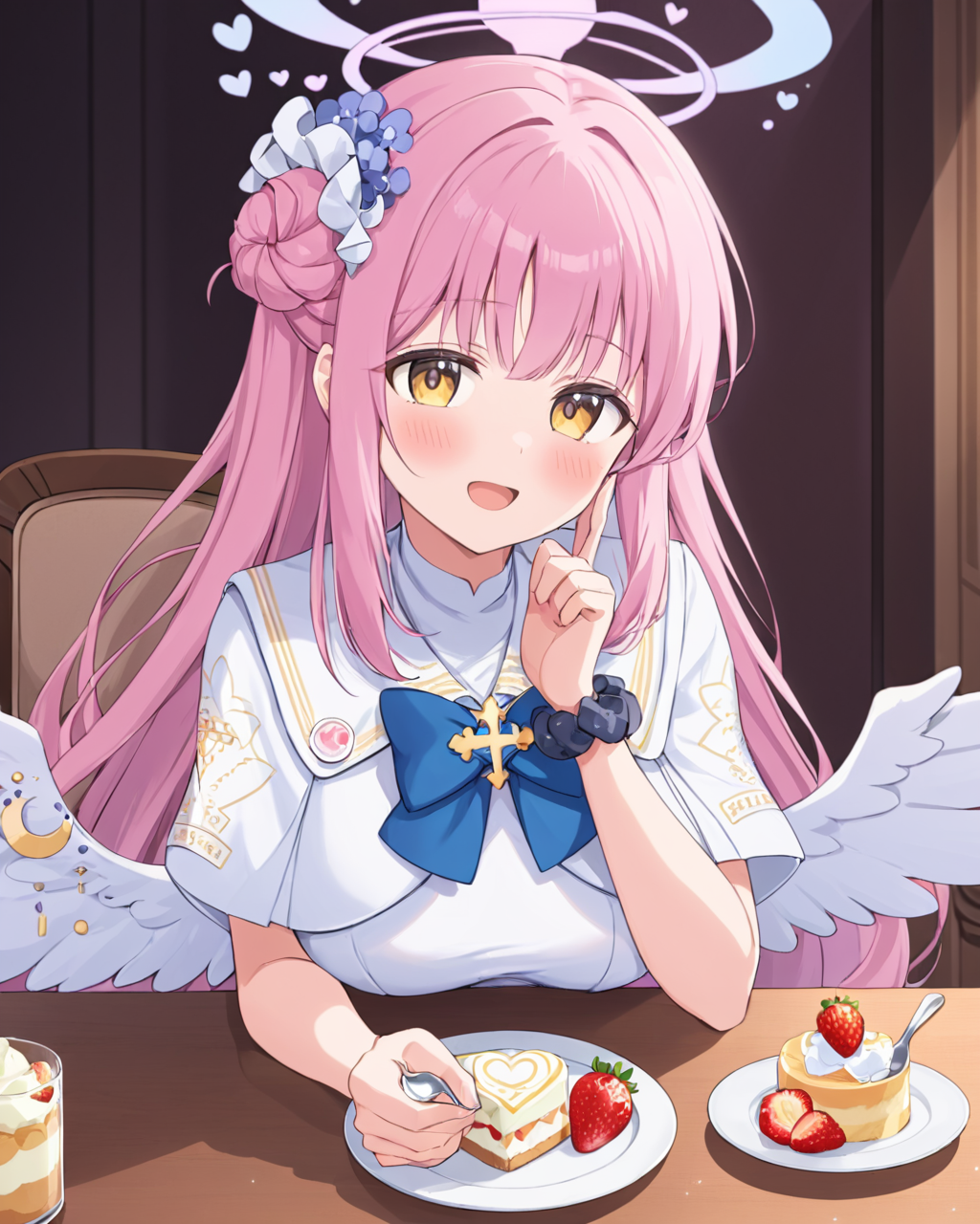 mika \(blue archive\),1girl, wrist_scrunchie, solo, halo, single_side_bun, black_scrunchie, parfait, holding, white_dress, heart, table, blue_bow, blush, sitting, capelet, strawberry, spoon, open_mouth, breasts_on_table, white_wings, hair_flower, dessert, hand_on_own_cheek, bowtie, speech_bubble, :d, angel_wings, ^_^, sparkle
<lora:mika_(blue_archive)_image1356_2023-11-18_spv-000030:1>,halo,. gorgeous,key visual, vibrant, studio anime,award-winning, professional, highly detailed,high budget, cinemascope