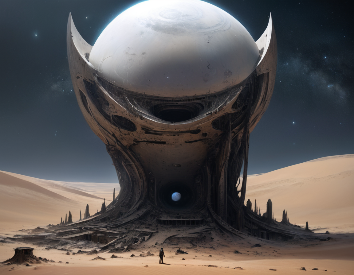 In a strange twist of fate, these colossal structures, which once reached towards the stars in defiance of nature's limitations, now lay broken and forgotten amidst the shifting sands of an eternal desert, b3ks1n