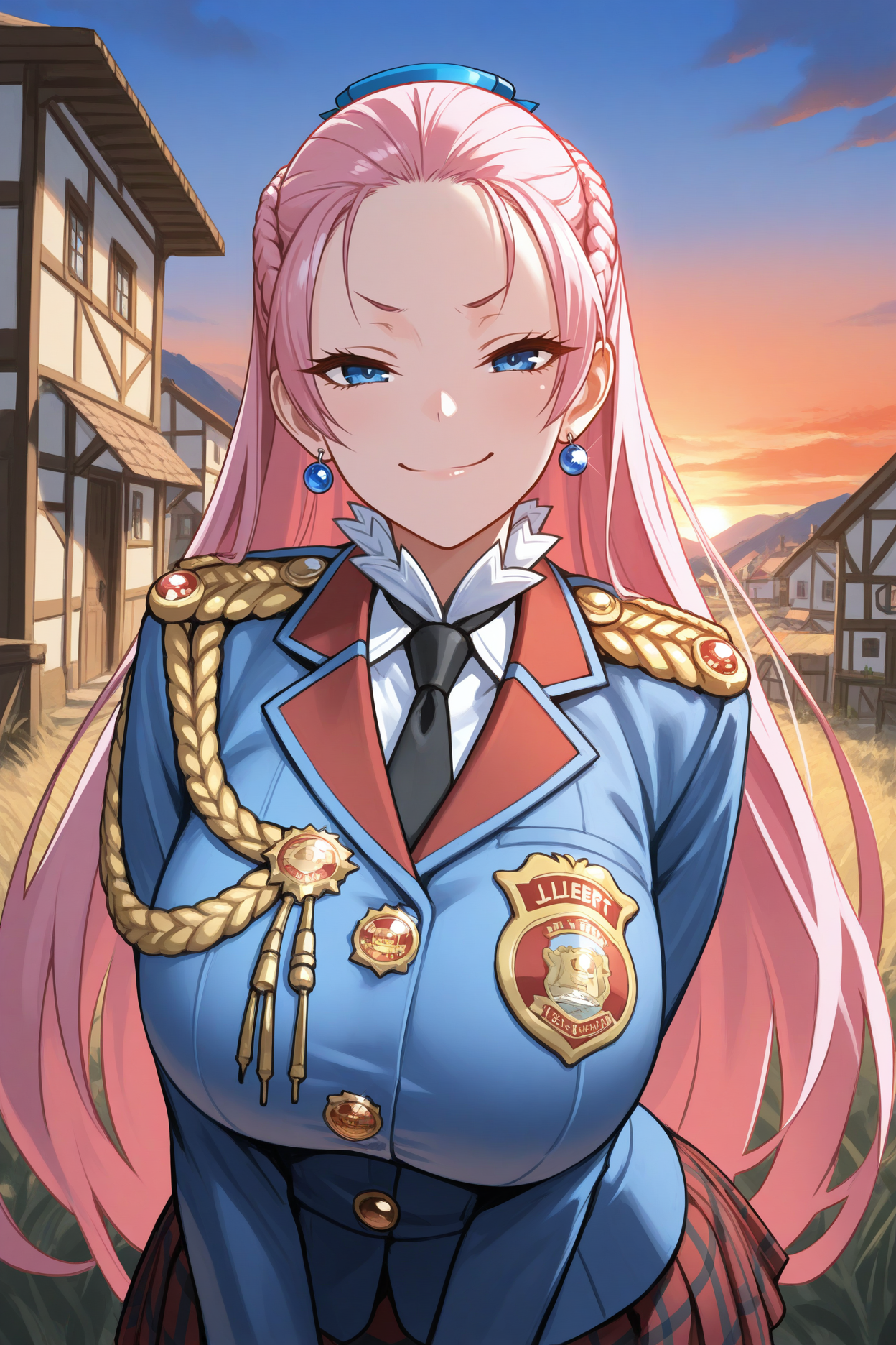 masterpiece, best quality, 1girl, solo, <lora:vcjuliana-illu-nvwls-v1-000006:1> jliehrt, pink hair, very long hair, french braid, blue eyes, big breasts, earrings, blue hairband, black necktie, high collar, blue jacket, epaulettes, aiguillette, red miniskirt, plaid skirt, badge, upper body, village, sunset, looking at viewer, happy, smile, smug, upper body