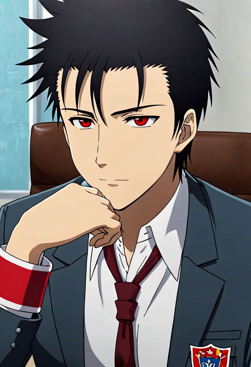 Highres, Masterpiece, High Quality, 4K, 8K, solo, 1Boy, Soujirou Agata, borown eyes, black hair, student council president, school uniform, portrait, meeting table, red armband, easynegative, detailed_eye_model