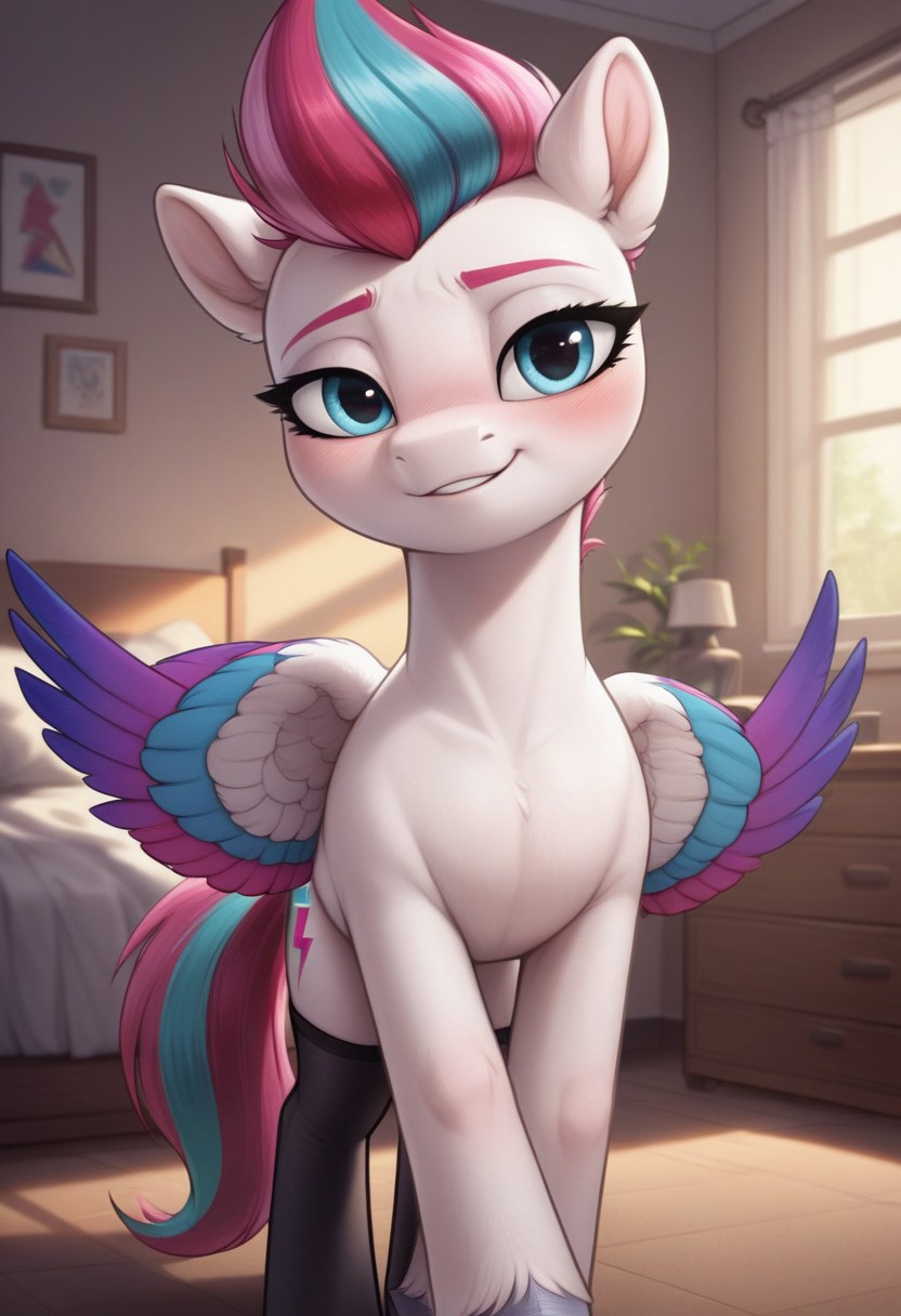 score_9, score_8_up, score_7_up, score_6_up, pony, pegasus, feral, mare, solo, (zipp storm), no breasts, bedroom, indoors, (night), tail, photo_realistic, blushing female, anatomically correct, looking at you, standing, black stockings, front view,