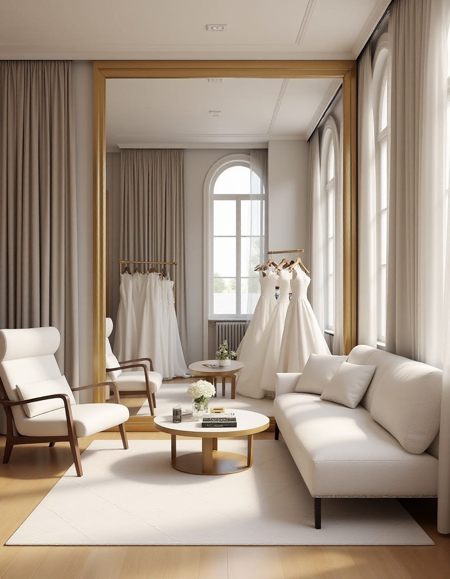 <lora:JJsBridalStore_Flux:1> ((bridal store)) , ((best quality)),((masterpiece)),((realistic)),indoors, mirror, reflection, chair, sofa, curtain, table, photorealistic, authentic, indoor scenery, highly detailed, ceiling light, cloth, glass, sky, center composition,