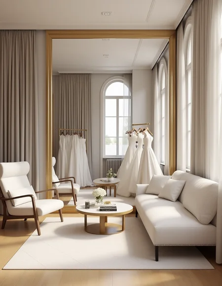 <lora:JJsBridalStore_Flux:1> ((bridal store)) , ((best quality)),((masterpiece)),((realistic)),indoors, mirror, reflection, chair, sofa, curtain, table, photorealistic, authentic, indoor scenery, highly detailed, ceiling light, cloth, glass, sky, center composition,
