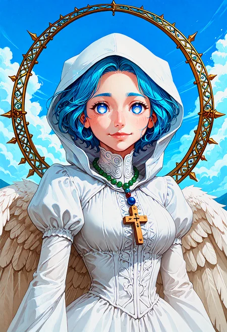 score_9, score_8_up, score_7_up, 1girl, solo, <lora:style_grimMatiasEldritchPDXL-SentientSlime:1.5> gr1mm, intricate,
<lora:character_luceVaticanPDXL-CountCandy:0.8> luca-light,aqua hair,short hair,blue eyes,symbol-shaped pupils, white (hood:1.2), adult, mature female, (white skin:1.1), colored skin, (small smile:0.8), closed mouth,
large breasts, shiny clothes, angel, feathered wings, (dress:1.1), ornate clothes, jewelry, (rosary:0.8), narrow waist, covered hair,
blue sky, clouds, (eldritch:1.1), spines,âââ