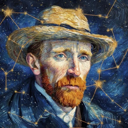c0nst3llation, ((Painter Van Gogh made out of constellation style and signs with stars)), <lora:c0nst3llation:0.8>