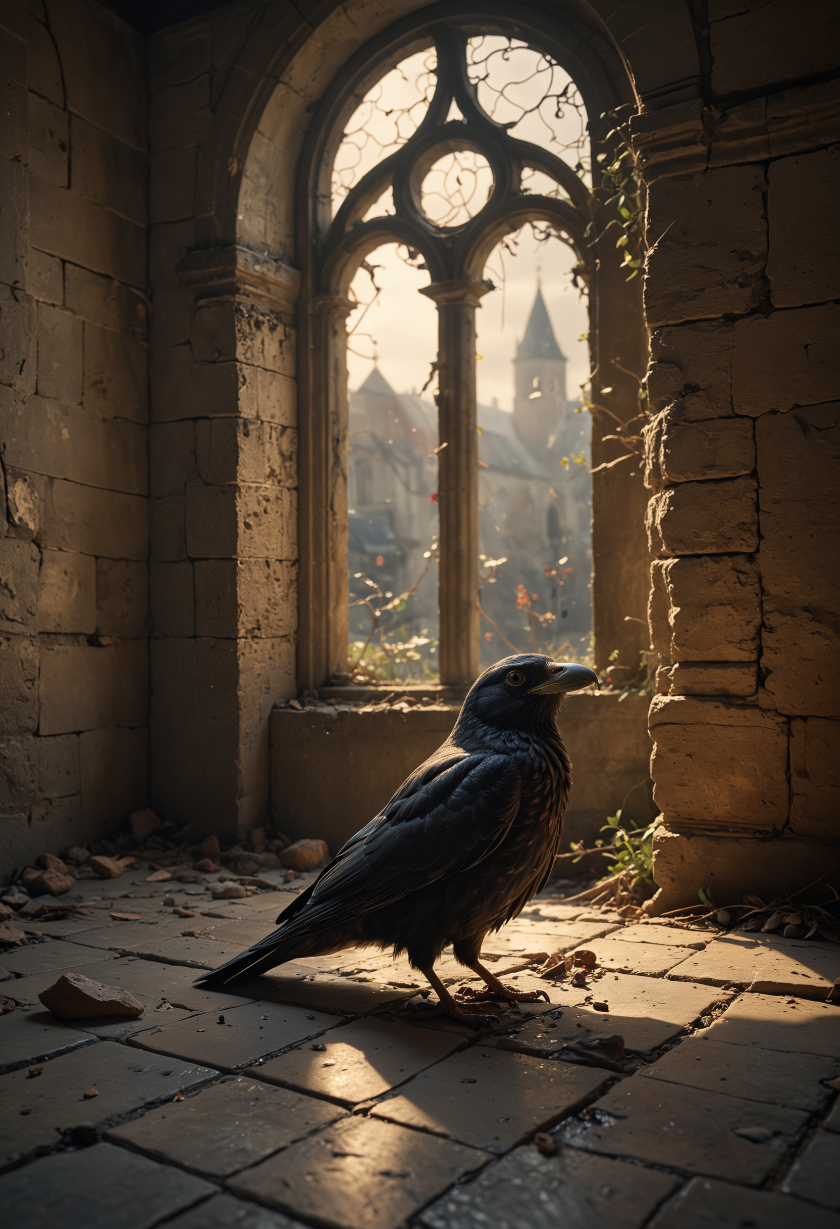cinematic photo An oil painting in the style of William Balshon depicting the interior structure and detail of an abandoned medieval church tower,looking out through broken windows at birds perched on top roof tiles,a few crows sit in front on the floor of the stone walls,romantic,detailed,intricate,sharp 