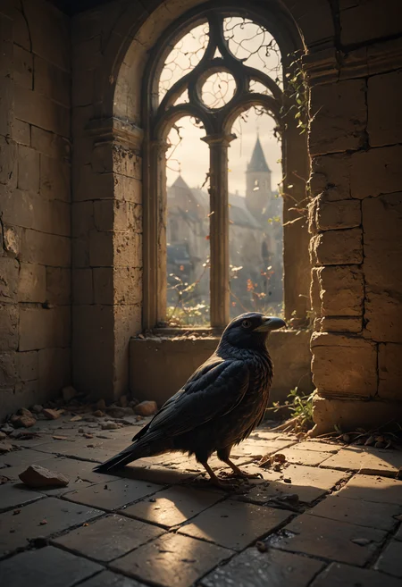 cinematic photo An oil painting in the style of William Balshon depicting the interior structure and detail of an abandoned medieval church tower,looking out through broken windows at birds perched on top roof tiles,a few crows sit in front on the floor of the stone walls,romantic,detailed,intricate,sharp