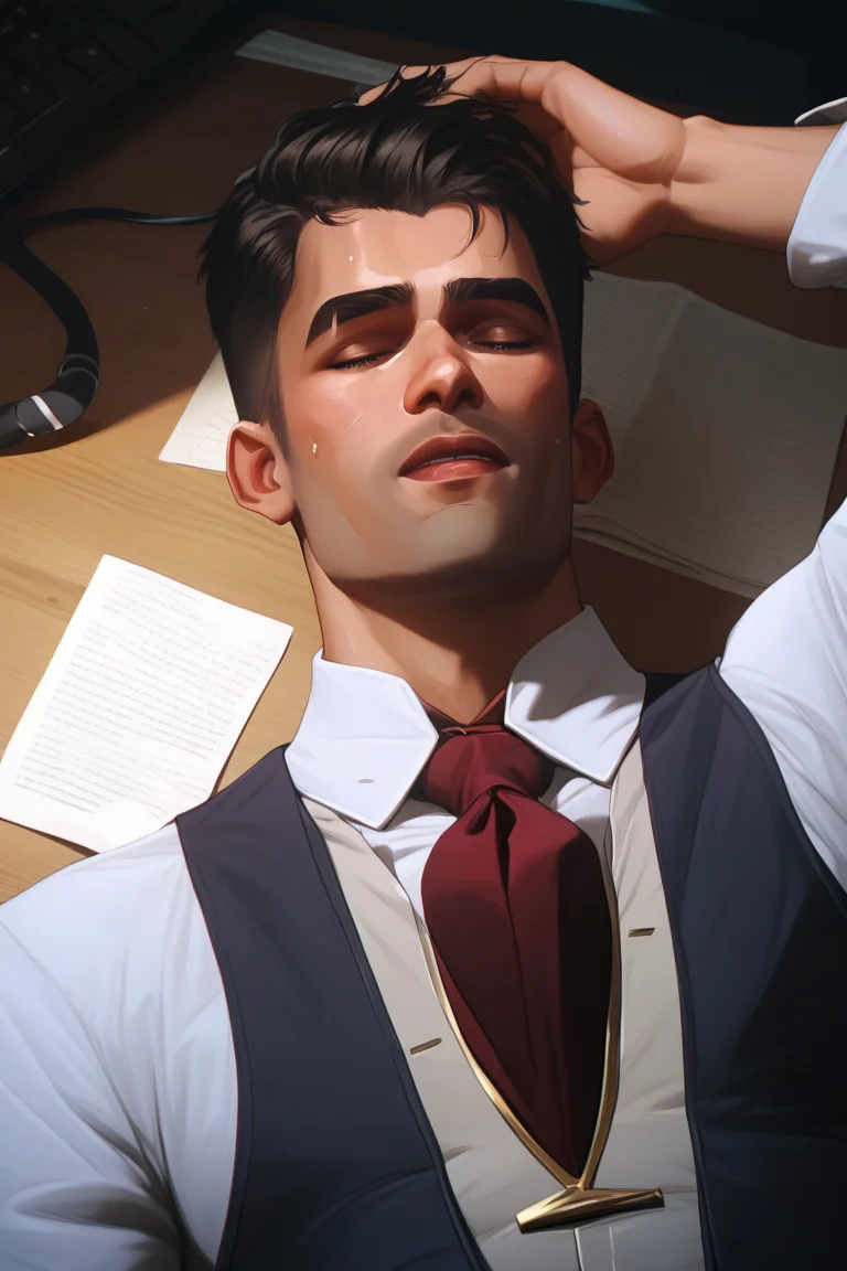 score_9,score_8_up,score_7_up,score_6_up,score_5_up,score_4_up,source_anime,BREAK, perfect proportions, 1man, solo male, sz4d3k,motion lines ,jayce_arcane, exhausted in the lab, laying head on desk asleep, sweaty, worn out, tie undone