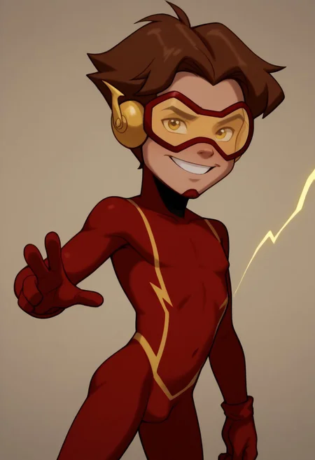 score_9, score_8_up, score_7_up, CuteCartoonStyle, petite, shortstack, highly detailed, cute boy, 1boy, solo, Impulseyj, red framed goggles yellow lenz, red and white bodysuit, brown hair, skinny, lean body, red gloves, big smile, dominating pose, yellow lightning