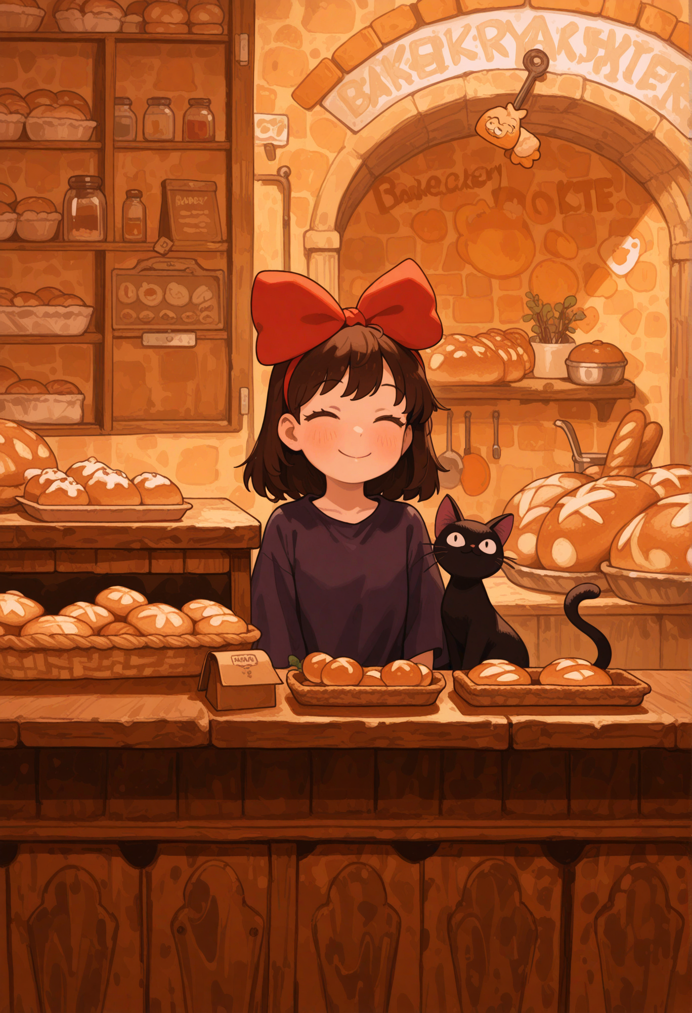 very awa, (anime screenshot:0.8), (opossumachine:0.7), 1girl,  kiki \(majo no takkyuubin\), smile, dress, black cat, counter, bakery, [masterpiece:0.15], [best quality:0.15], [newest:0.15], [absurdres:0.15],