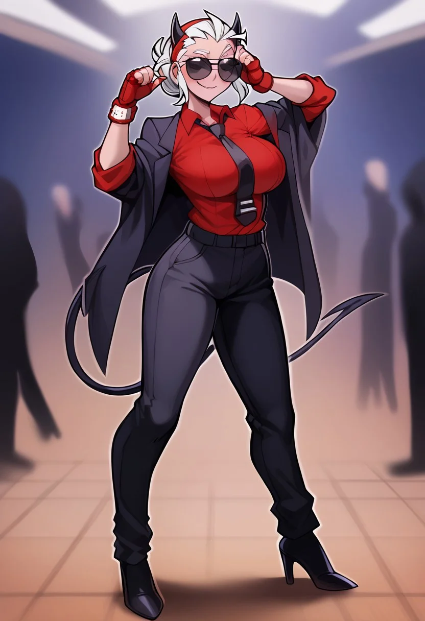 (masterpiece: 1.2), (detail: 1.1), (high resolution, best quality: 1.2), highly detailed background, Score_9, Score_8_up, Score_7_up, Score_6, Score_5, Score_4,
ultra detailed, aesthetic, 1 girl, ((((solo)))
perfect anatomy, 1girl, Justice from Helltaker, justicedef,
short hair, demon horns, sunglasses,
blush, seductive smile,
,female, athletic body, hourglass body, , (big breasts:1.5),perfectly round breasts, slim, Ideal round butt.thick thighs, demon tail
(partially clothed, black jacket,) red shirt, neckline, black necktie, loose office trousers.Fingerless fighting gloves, High heels,
(blurred background: 1.2), (looks at the viewer standing above: 1.1),