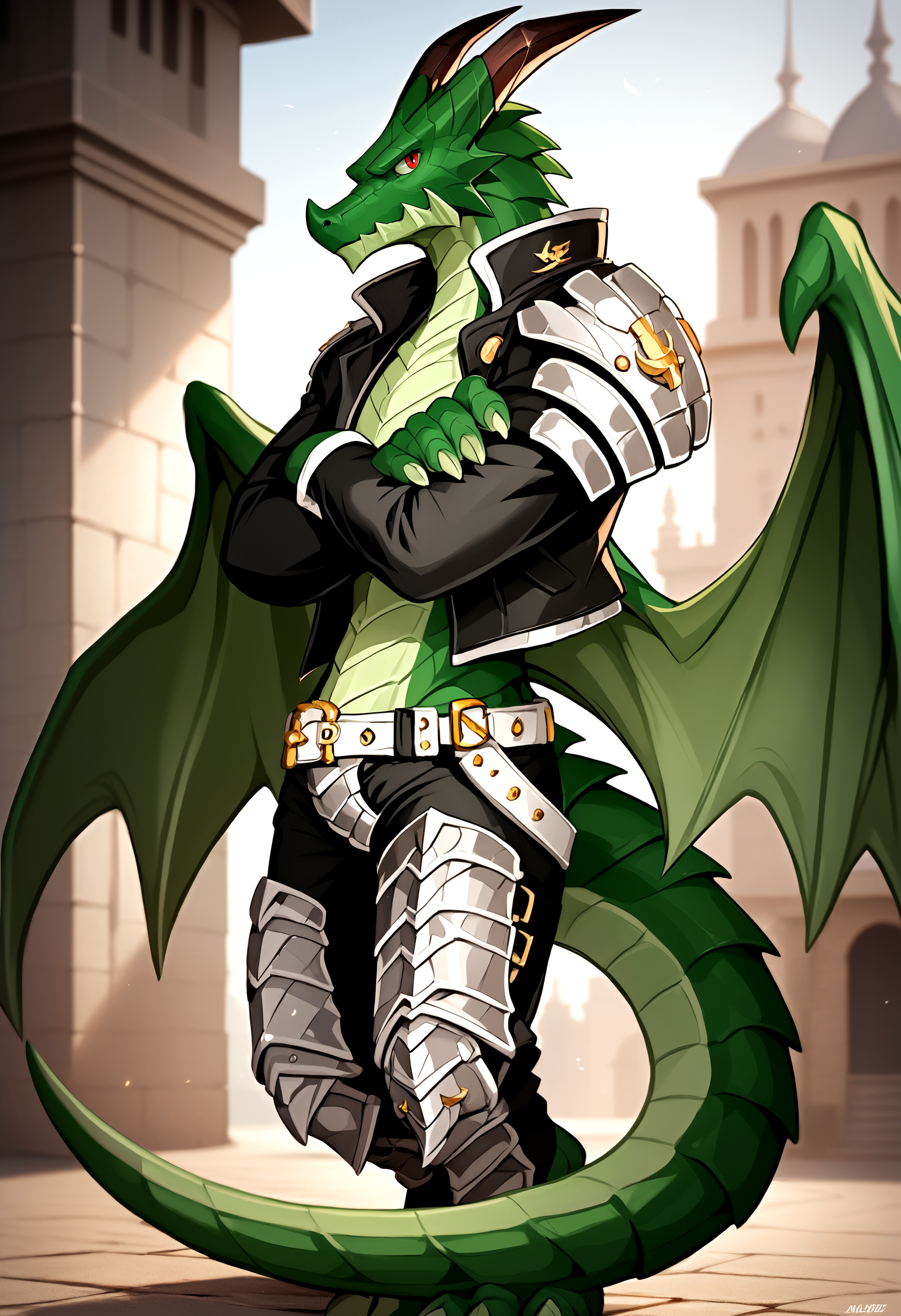 score_9, score_8_up, score_7_up, 8k, detailed design, detailed background, detailed characters, masterpiece, anthro only, furry only, 1boy,  <lora:Ragon-000003>,Ragon, solo, crossed arms, 1boy, male focus, horns, tail, armor,  belt,  dragon, wings, green skin, shoulder pad, gold ring, red eyes, open jacket, leg armor, pants,  standing, looking at viewer, crossed arms, close up,  training ground, outside, day,