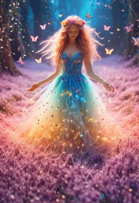 (8k analog photo,magical landscape:1.2),
An enchanting faerie in a blooming meadow, surrounded by butterflies and colorful flowers. Her dress is made of petals and her hair glows with magical lights, creating a whimsical and vibrant scene.
<lora:Bio-Luminescence:1> bioluminescent