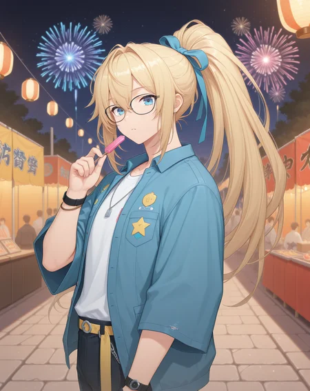 masterpiece,best quality,amazing quality, newest, very aesthetic, absurdres,
1boy, solo, yaoi, male focus, looking at viewer, cowboy shot,
<lora:Grandiel_Commentator_ilxl:1> grandielcommentator, blonde hair, blue eyes, glasses, high ponytail, black-framed eyewear, hair between eyes, sidelocks, hair intakes,
yukata, open clothes,
outdoors, festival, night, fireworks, stone floor,