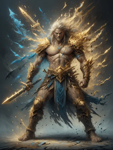 by Julie Mehretu, eclectic by Andre-Charles Boulle, intricate gold, canvas, detailed, barbarian, fantasy, <lora:Flashfire_Glowing_Runes:0.5>, Flashfire glowing runes, full body, blue, holds a 2sword, <lora:ral-dissolve:1>, ral-dissolve,