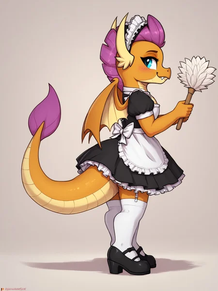 score_9,score_8,source_furry,
<1girl:1.5>,
<solo:1.5>,
1girl, orange body,orange skin,purple hair,dragon,dragon tail,
<simple background:1.5>,
<white background:1.5>,
<lora:Smolder_MLP-PonySDXL:1> smolder_mlp,, maid,
maid outfit,
skirt,
stockings,
white stockings,
featherduster,
cleaning,
bonnet,
headwear,
kitchen,