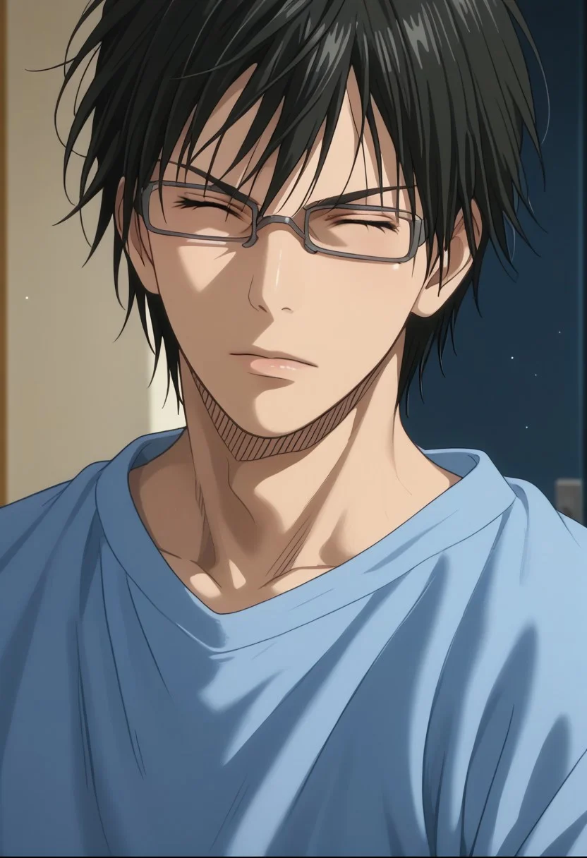 score_9, score_8_up, score_7_up, source_anime, rating_safe, ShoichiKB, black Shoichi hair, grey Shoichi glasses, closed Shoichi eyes, 1boy, male focus, anime screencap,
